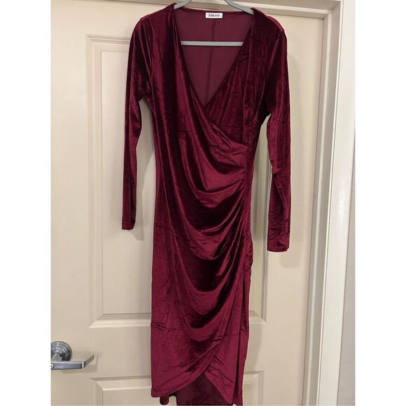 NEW Elegant Velvet Long Sleeve Wrap V Neck Ruched Bodycon Dress L - Picture 5 of 5